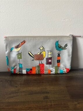Fossil Key-Per Canvas Coated Blue Birds Clutch Purse Cosmetic Bag Rare